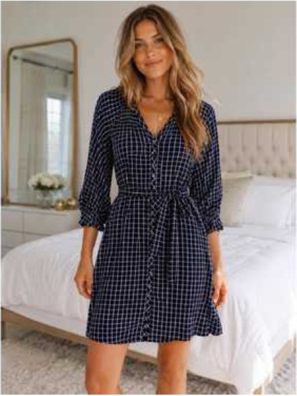 Maeve Anthropologie Sara Smocked Shirtdress Navy Grid Size M